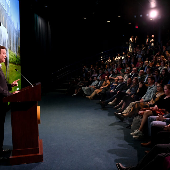 odd Wagner, co-founder of FoodFight USA, speaks to an audience at the D.C. premiere of “Food, Inc. 2” in The Burke Theatre at the U.S. Navy Memorial on April 9, 2024.