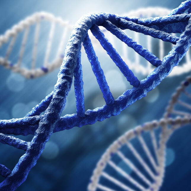 One blue DNA molecule occupies the foreground with two white DNA molecules in the background — in the lab coverage from STAT