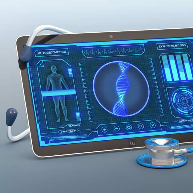 A tablet shows a medical app screen. A DNA in a circle centers the screen, between a full-body figure on the left and bar graphs on the right — first opinion coverage from STAT