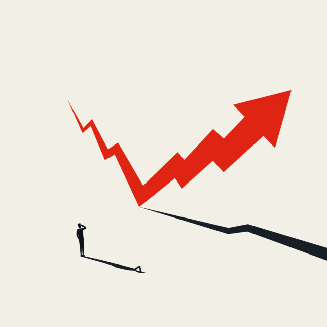 Illustration of a figure standing in front of a red arrow. -- health tech coverage from STAT