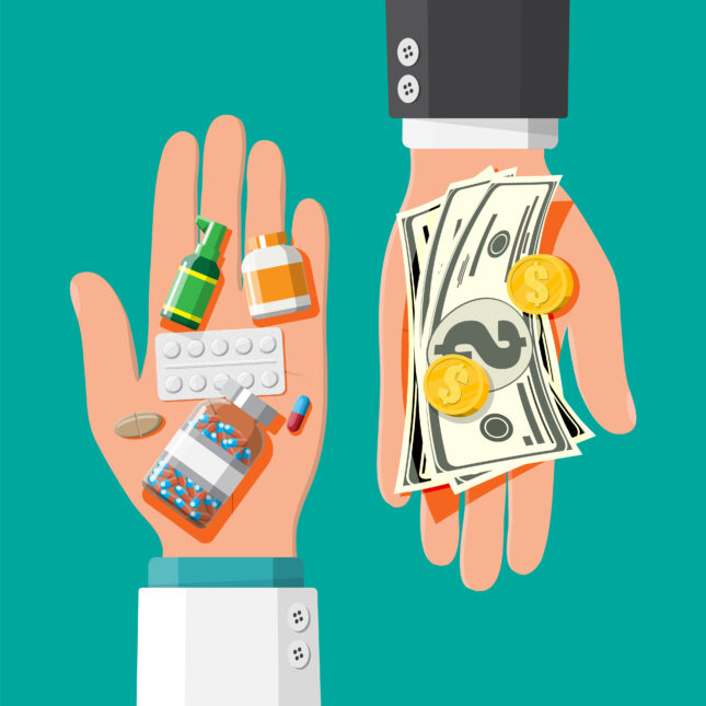 On the left side, a hand in white coat sleeve, coming from the bottom, holds pills and medicine bottles in the palm. On the right side, a hand in black suit sleeve, coming from the top, holds cash and coins — first opinion coverage from STAT