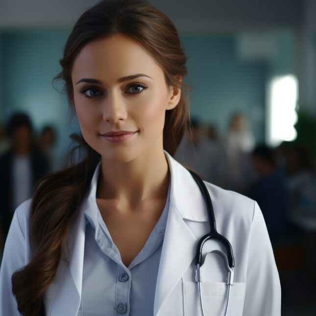 A realistic image of a female doctor created using generative AI to illustrate how AI doctors on screen may be used for healthcare in the future.