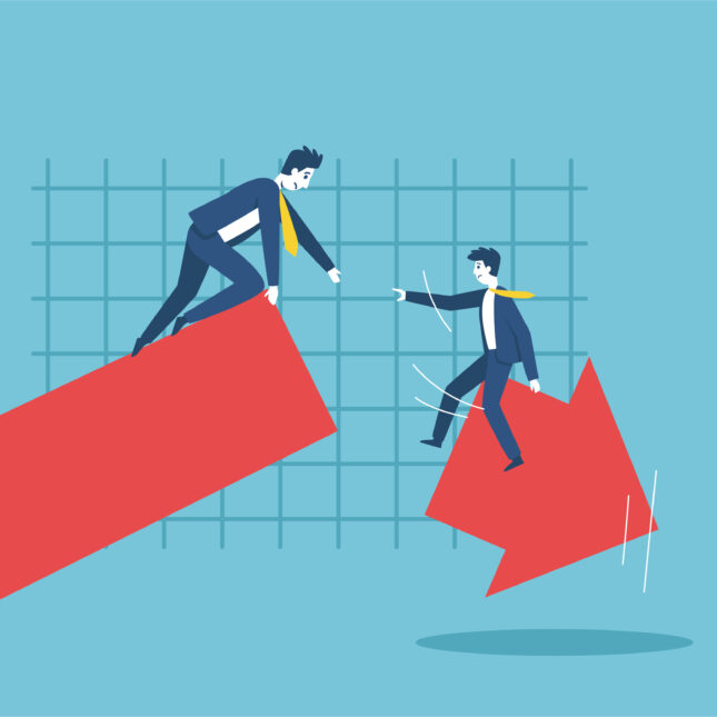 A red arrow bar is broken into halves, the rising bar on the left and the falling arrow on the right. The business person sitting on top of the left bar reaches their hand out to help the person sitting on the falling arrow — biotech coverage from STAT