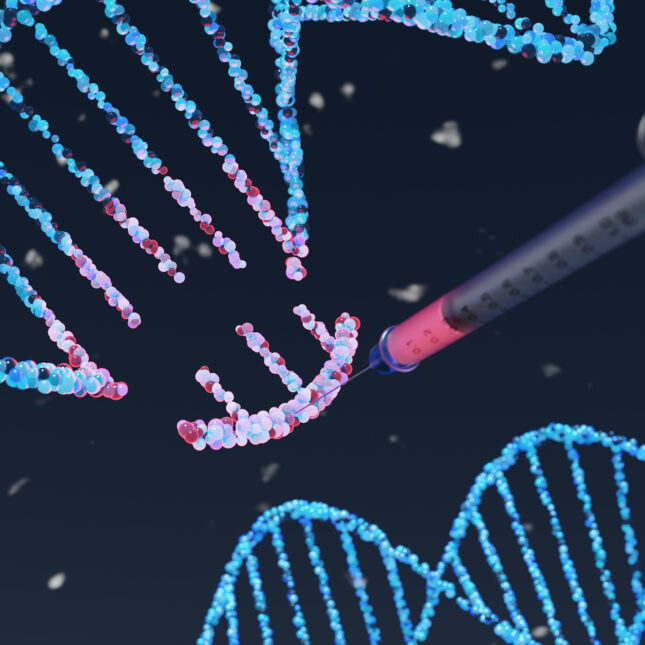 A syringe injects into a segment of DNA — biotech coverage from STAT