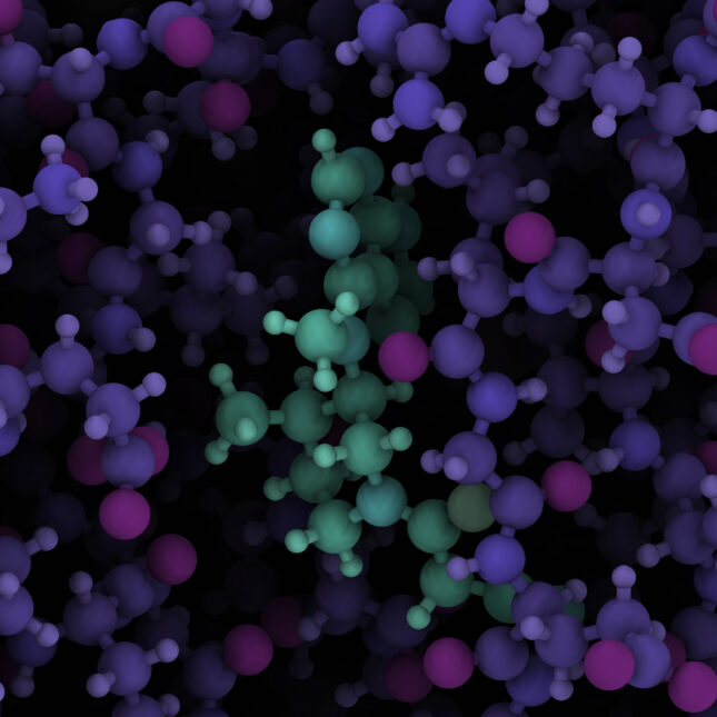 Round-shaped amino acids in teal and purple are connected separately to represent the Janus kinase 1 protein — health coverage from STAT