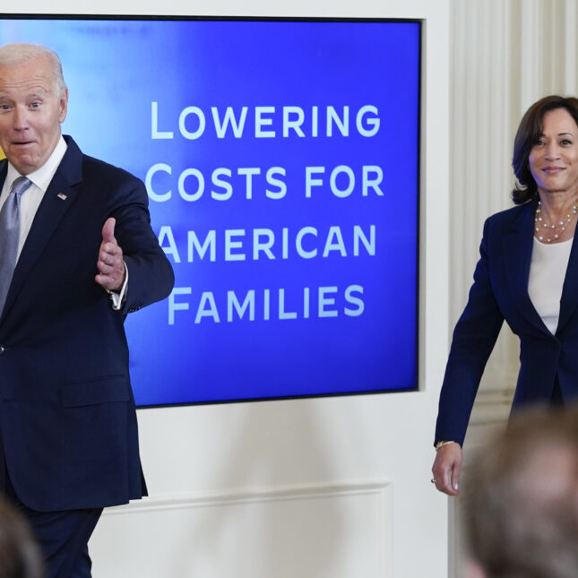 President Joe Biden and Vice President Kamala Harris arrive for an event on prescription drug costs, in the East Room of the White House, Aug. 29, 2023, in Washington.