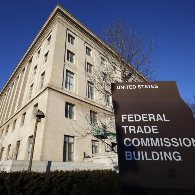 the Federal Trade Commission building and its brown sign