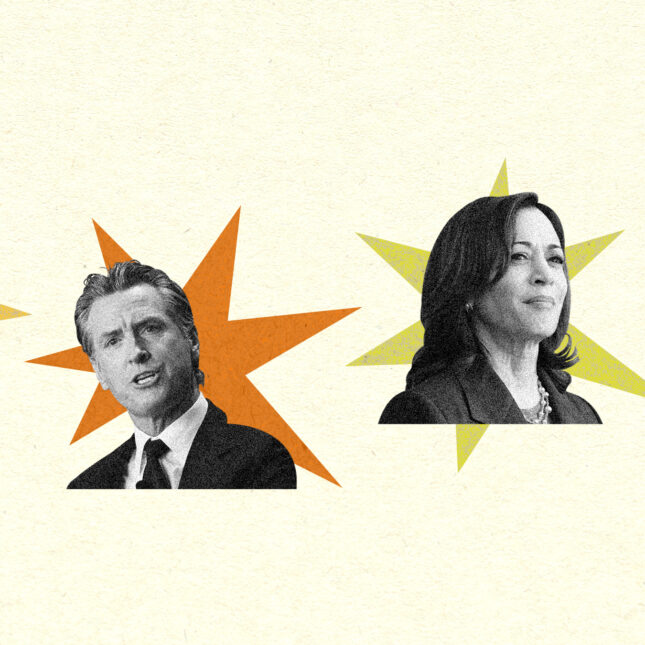 From left to right, Gov. Gretchen Whitmer's cutout on a yellow six-pointed star, Gov. Gavin Newsom's cutout on an orange six-pointed star, Vice President Kamala Harris's cutout on a yellow-green six-pointed star. All on a cream background.