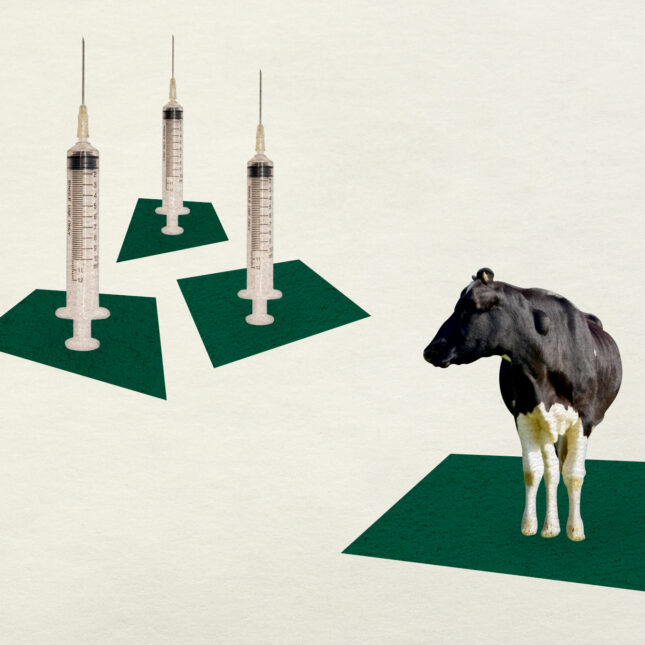 A cow stands on a 2D green patch, gazing into three standing vaccine syringes — health coverage from STAT