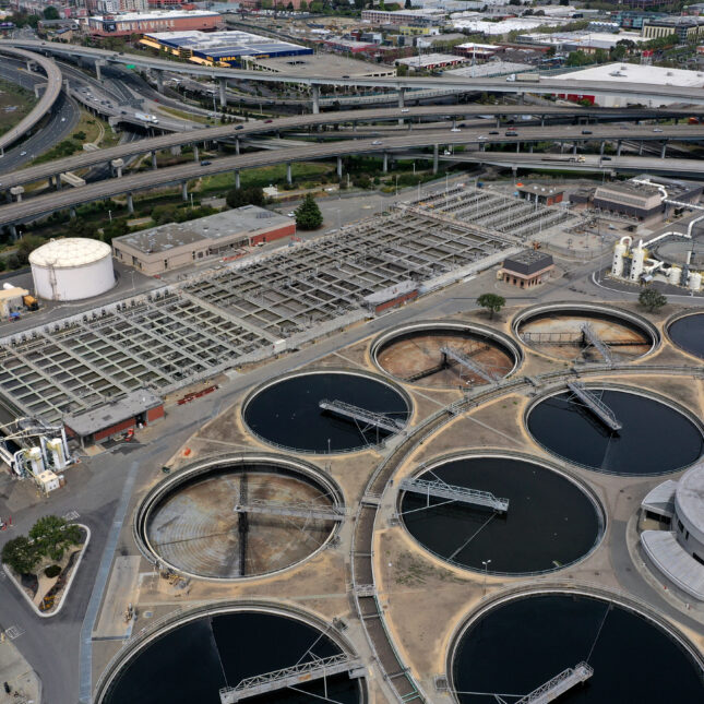 An aerial view of the East Bay Municipal Utility District Wastewater Treatment Plant on April 29, 2020 in Oakland, California. Stanford University researchers are testing samples of sewage water from ten counties to see if coronavirus (COVID-19) can be detected since the virus shows u iin fecal matter soon after initial infection.