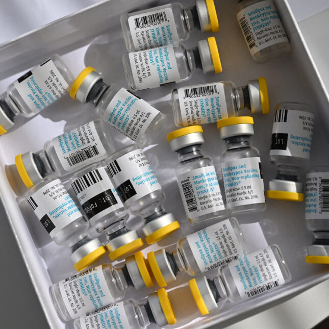 This photograph shows a box of Jynneos mpox vaccine vials by Danish vaccine developer Bavarian Nordic at a Centre gratuit d'information, de dépistage et de diagnostic (CeGIDD) in Montpellier, southern France on August 23, 2022.