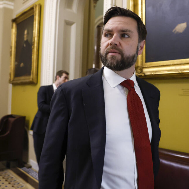 Sen. JD Vance (R-OH) arrives to a luncheon with Senate Republicans at the U.S. Capitol on February 07, 2024 in Washington, DC.