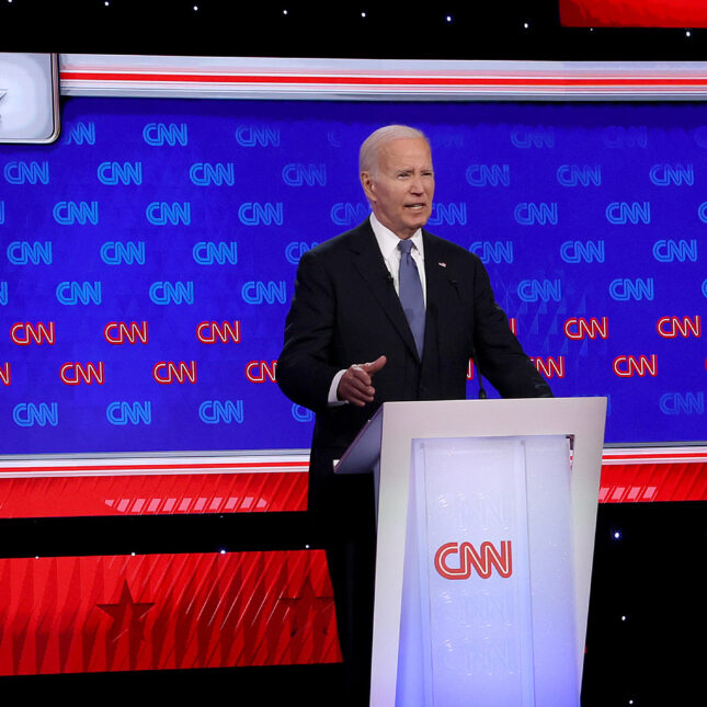 U.S. President Joe Biden (R) and Republican presidential candidate, former U.S. President Donald Trump participate in the CNN Presidential Debate at the CNN Studios. -- health policy coverage from STAT