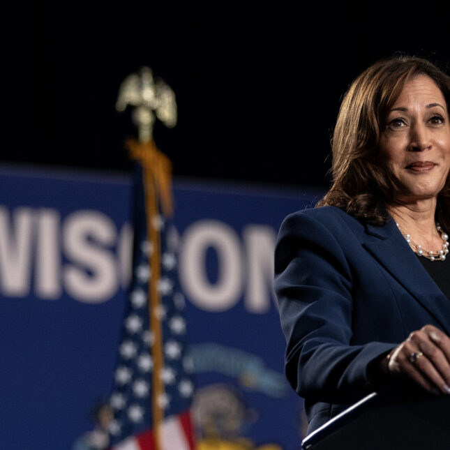 A photograph of Democratic presidential candidate, U.S. Vice President Kamala Harris speaks to supporters during a campaign rally at West Allis Central High School on July 23, 2024 in West Allis, Wisconsin.