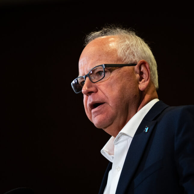 News photograph of Minnesota Governor Tim Walz speaks during a press conference regarding new gun legislation at the Bloomington City Hall on August 1, 2024 in Bloomington, Minnesota. Walz is thought to be on a short list of potential Vice Presidential running mates for Democratic Presidential candidate and current Vice President Kamala Harris