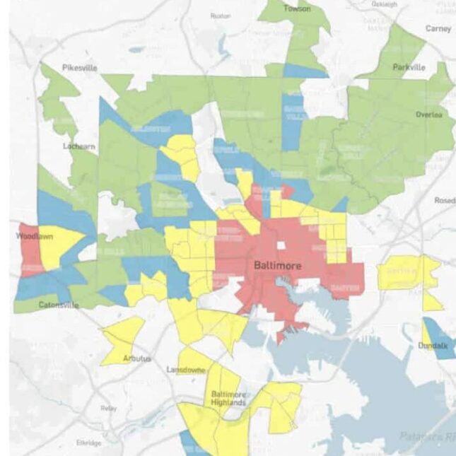 A map divides Baltimore into quartiles based on the historic redlining score. The middle East part is shown in red, representing a very high score, surrounded by yellow quartiles representing a high score. Green quartiles representing a low score occupy the North part of the map, with some blue quartiles representing a medium score scattered within the green regions — health coverage from STAT