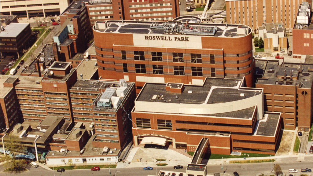 An archival photograph of an aerial view of the Roswell Park Cancer Institute in the late 1990s. (note: likely 1998)