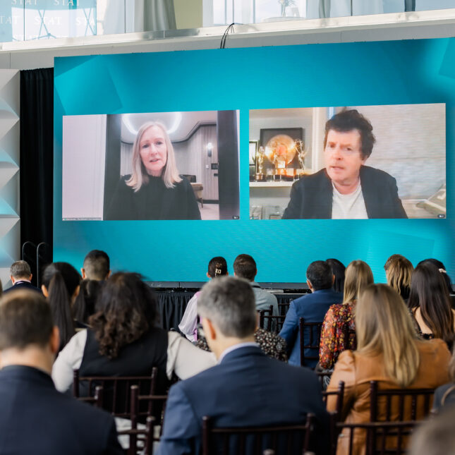 Michael J. Fox on stage at the 2023 STAT Summit.